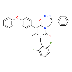 ChemSpider 2D Image | 3-[(2R)-2-Amino-2-phenylethyl]-1-(2,6-difluorobenzyl)-6-methyl-5-(4-phenoxyphenyl)-2,4(1H,3H)-pyrimidinedione | C32H27F2N3O3