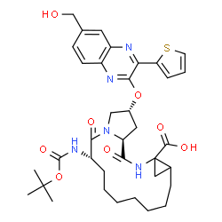 ChemSpider 2D Image | (2R,6S,16aS)-2-{[6-(Hydroxymethyl)-3-(2-thienyl)-2-quinoxalinyl]oxy}-6-({[(2-methyl-2-propanyl)oxy]carbonyl}amino)-5,16-dioxohexadecahydrocyclopropa[e]pyrrolo[1,2-a][1,4]diazacyclopentadecine-14a(5H)-
carboxylic acid | C36H45N5O8S