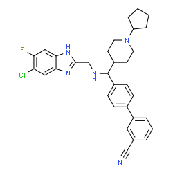ChemSpider 2D Image | 4'-[{[(5-Chloro-6-fluoro-1H-benzimidazol-2-yl)methyl]amino}(1-cyclopentyl-4-piperidinyl)methyl]-3-biphenylcarbonitrile | C32H33ClFN5