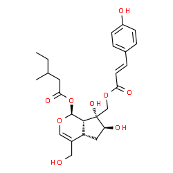ChemSpider 2D Image | (1S,4aS,6S,7R,7aS)-6,7-Dihydroxy-4-(hydroxymethyl)-7-({[(2E)-3-(4-hydroxyphenyl)-2-propenoyl]oxy}methyl)-1,4a,5,6,7,7a-hexahydrocyclopenta[c]pyran-1-yl 3-methylpentanoate | C25H32O9
