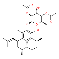 ChemSpider 2D Image | (1S,3S,7S,9aR)-6-Hydroxy-1,4,7-trimethyl-3-(2-methyl-1-propen-1-yl)-2,3,7,8,9,9a-hexahydro-1H-phenalen-5-yl 2,4-di-O-acetyl-6-deoxy-alpha-L-galactopyranoside | C30H42O8