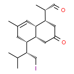 ChemSpider 2D Image | (2S)-2-{(1R,4aR,5R,8aS)-5-[(2R)-1-Iodo-3-methyl-2-butanyl]-7-methyl-3-oxo-1,2,3,4,4a,5,6,8a-octahydro-1-naphthalenyl}propanal | C19H29IO2