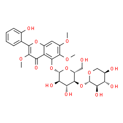 ChemSpider 2D Image | 2-(2-Hydroxyphenyl)-3,6,7-trimethoxy-4-oxo-4H-chromen-5-yl 4-O-beta-D-xylopyranosyl-beta-D-glucopyranoside | C29H34O16