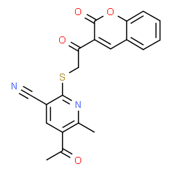 ChemSpider 2D Image | 5-Acetyl-6-methyl-2-{[2-oxo-2-(2-oxo-2H-chromen-3-yl)ethyl]sulfanyl}nicotinonitrile | C20H14N2O4S