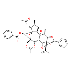 ChemSpider 2D Image | (1R,2S,4R,6R,7S,8S,10S,11R,12R,13S,17S,19R)-3,7-Diacetoxy-11-hydroxy-17-isopropenyl-4,8,12-trimethyl-15-phenyl-5,14,16,18-tetraoxahexacyclo[13.2.1.1~4,6~.0~2,11~.0~6,10~.0~13,17~]nonadec-19-yl benzoat
e | C38H42O11