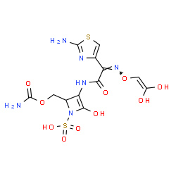 ChemSpider 2D Image | 3-{[(2Z)-2-(2-Amino-1,3-thiazol-4-yl)-2-{[(2,2-dihydroxyvinyl)oxy]imino}acetyl]amino}-2-[(carbamoyloxy)methyl]-4-hydroxy-1(2H)-azetesulfonic acid | C12H14N6O10S2