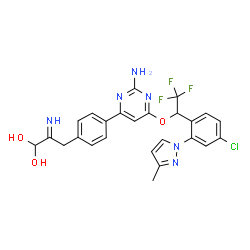 ChemSpider 2D Image | 3-[4-(2-Amino-6-{1-[4-chloro-2-(3-methyl-1H-pyrazol-1-yl)phenyl]-2,2,2-trifluoroethoxy}-4-pyrimidinyl)phenyl]-2-imino-1,1-propanediol | C25H22ClF3N6O3