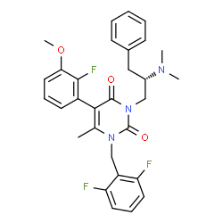 ChemSpider 2D Image | 1-(2,6-Difluorobenzyl)-3-[(2S)-2-(dimethylamino)-3-phenylpropyl]-5-(2-fluoro-3-methoxyphenyl)-6-methyl-2,4(1H,3H)-pyrimidinedione | C30H30F3N3O3