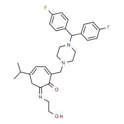 ChemSpider 2D Image | (7Z)-2-({4-[Bis(4-fluorophenyl)methyl]-1-piperazinyl}methyl)-7-[(2-hydroxyethyl)imino]-5-isopropyl-2,4-cycloheptadien-1-one | C30H35F2N3O2