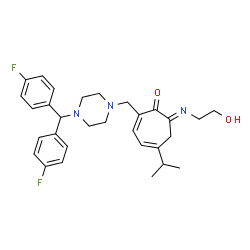 ChemSpider 2D Image | (7E)-2-({4-[Bis(4-fluorophenyl)methyl]-1-piperazinyl}methyl)-7-[(2-hydroxyethyl)imino]-5-isopropyl-2,4-cycloheptadien-1-one | C30H35F2N3O2
