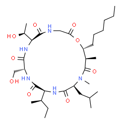 ChemSpider 2D Image | (6S,9R,12S,15S,18R,19R)-12-[(2R)-2-Butanyl]-19-hexyl-6-[(1S)-1-hydroxyethyl]-9-(hydroxymethyl)-15-isobutyl-16,18-dimethyl-1-oxa-4,7,10,13,16-pentaazacyclononadecane-2,5,8,11,14,17-hexone | C32H57N5O9