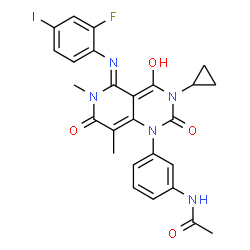 ChemSpider 2D Image | N-{3-[(5Z)-3-Cyclopropyl-5-[(2-fluoro-4-iodophenyl)imino]-4-hydroxy-6,8-dimethyl-2,7-dioxo-3,5,6,7-tetrahydropyrido[4,3-d]pyrimidin-1(2H)-yl]phenyl}acetamide | C26H23FIN5O4