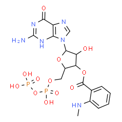 ChemSpider 2D Image | 2-Amino-9-{5-O-[hydroxy(phosphonooxy)phosphoryl]-3-O-[2-(methylamino)benzoyl]pentofuranosyl}-3,9-dihydro-6H-purin-6-one | C18H22N6O12P2