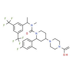 ChemSpider 2D Image | N-{1-[3,5-Bis(trifluoromethyl)phenyl]ethyl}-2-(4-fluoro-2-methylphenyl)-4-[4-(1-hydroxyvinyl)-1-piperazinyl]-N-methyl-1-piperidinecarboxamide | C30H35F7N4O2