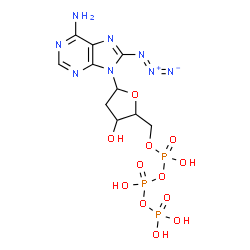 ChemSpider 2D Image | 8-Azido-9-[2-deoxy-5-O-(hydroxy{[hydroxy(phosphonooxy)phosphoryl]oxy}phosphoryl)pentofuranosyl]-9H-purin-6-amine | C10H15N8O12P3