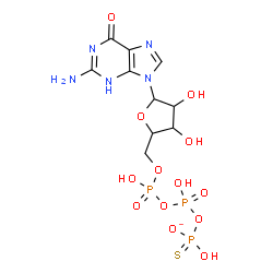 ChemSpider 2D Image | 2-Amino-9-(5-O-{hydroxy[(hydroxy{[hydroxy(oxido)phosphorothioyl]oxy}phosphoryl)oxy]phosphoryl}pentofuranosyl)-3,9-dihydro-6H-purin-6-one | C10H15N5O13P3S