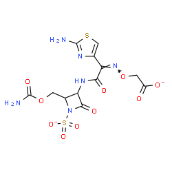 ChemSpider 2D Image | ({(Z)-[1-(2-Amino-1,3-thiazol-4-yl)-2-({2-[(carbamoyloxy)methyl]-4-oxo-1-sulfonato-3-azetidinyl}amino)-2-oxoethylidene]amino}oxy)acetate | C12H12N6O10S2