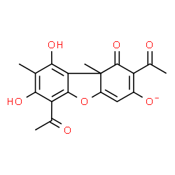 ChemSpider 2D Image | 2,6-Diacetyl-7,9-dihydroxy-8,9b-dimethyl-1-oxo-1,9b-dihydrodibenzo[b,d]furan-3-olate | C18H15O7