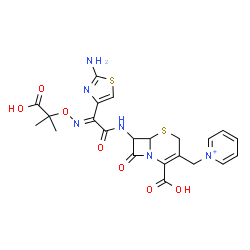 ChemSpider 2D Image | 1-[(7-{[(2E)-2-(2-Amino-1,3-thiazol-4-yl)-2-{[(2-carboxy-2-propanyl)oxy]imino}acetyl]amino}-2-carboxy-8-oxo-5-thia-1-azabicyclo[4.2.0]oct-2-en-3-yl)methyl]pyridinium | C22H23N6O7S2