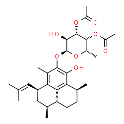 ChemSpider 2D Image | (1S,3S,7S,9aR)-6-Hydroxy-1,4,7-trimethyl-3-(2-methyl-1-propen-1-yl)-2,3,7,8,9,9a-hexahydro-1H-phenalen-5-yl 3,4-di-O-acetyl-6-deoxy-alpha-L-galactopyranoside | C30H42O8