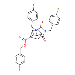 ChemSpider 2D Image | 4-Fluorobenzyl (1'S,2'S,4S,4'R,6'R)-1,3-bis(4-fluorobenzyl)-2,5-dioxo-1'H-spiro[imidazolidine-4,3'-tricyclo[2.2.1.0~2,6~]heptane]-1'-carboxylate | C31H25F3N2O4