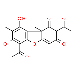 ChemSpider 2D Image | 4,8-Diacetyl-1-hydroxy-2,9a-dimethyl-7,9-dioxo-7,8,9,9a-tetrahydrodibenzo[b,d]furan-3-olate | C18H15O7