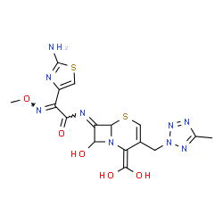 ChemSpider 2D Image | (2E)-2-(2-Amino-1,3-thiazol-4-yl)-N-{(7E)-2-(dihydroxymethylene)-8-hydroxy-3-[(5-methyl-2H-tetrazol-2-yl)methyl]-5-thia-1-azabicyclo[4.2.0]oct-3-en-7-ylidene}-2-(methoxyimino)acetamide | C16H17N9O5S2