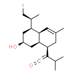 ChemSpider 2D Image | 2-{(1R,4aS,5R,7R,8aS)-7-Hydroxy-5-[(2S)-1-iodo-2-propanyl]-3-methyl-1,2,4a,5,6,7,8,8a-octahydro-1-naphthalenyl}-3-methyl-1-buten-1-one | C19H29IO2