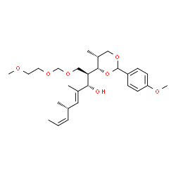 ChemSpider 2D Image | 2,4-Dideoxy-2-[(1S,2E,4S,5Z)-1-hydroxy-2,4-dimethyl-2,5-heptadien-1-yl]-3,5-O-(4-methoxybenzylidene)-1-O-[(2-methoxyethoxy)methyl]-4-methyl-D-xylitol | C27H42O7