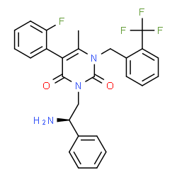 ChemSpider 2D Image | 3-[(2R)-2-Amino-2-phenylethyl]-5-(2-fluorophenyl)-6-methyl-1-[2-(trifluoromethyl)benzyl]-2,4(1H,3H)-pyrimidinedione | C27H23F4N3O2