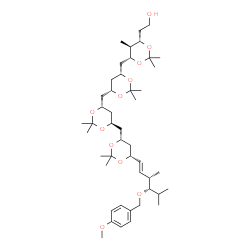ChemSpider 2D Image | (5R)-2,4-Dideoxy-3,5-O-isopropylidene-5-C-{[(4R,6R)-6-{[(4S,6S)-6-{[(4R,6R)-6-{(1E,3S,4S)-4-[(4-methoxybenzyl)oxy]-3,5-dimethyl-1-hexen-1-yl}-2,2-dimethyl-1,3-dioxan-4-yl]methyl}-2,2-dimethyl-1,3-diox
an-4-yl]methyl}-2,2-dimethyl-1,3-dioxan-4-yl]methyl}-4-methyl-D-erythro-pentitol | C46H76O11