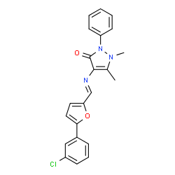 ChemSpider 2D Image | 4-({(E)-[5-(3-Chlorophenyl)-2-furyl]methylene}amino)-1,5-dimethyl-2-phenyl-1,2-dihydro-3H-pyrazol-3-one | C22H18ClN3O2