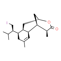 ChemSpider 2D Image | (1R,2S,6R,7R,9R,12S)-6-[(2R)-1-Iodo-3-methyl-2-butanyl]-4,12-dimethyl-10-oxatricyclo[7.3.1.0~2,7~]tridec-3-en-11-one | C19H29IO2