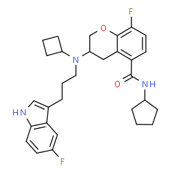 ChemSpider 2D Image | 3-{Cyclobutyl[3-(5-fluoro-1H-indol-3-yl)propyl]amino}-N-cyclopentyl-8-fluoro-5-chromanecarboxamide | C30H35F2N3O2