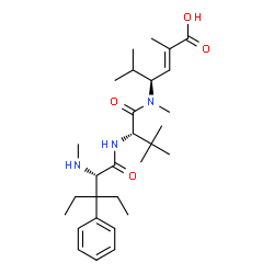 ChemSpider 2D Image | beta,beta-Diethyl-N-methyl-L-phenylalanyl-N-[(3S,4E)-5-carboxy-2-methyl-4-hexen-3-yl]-N,3-dimethyl-L-valinamide | C29H47N3O4