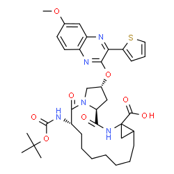ChemSpider 2D Image | (2R,6S,16aS)-2-{[6-Methoxy-3-(2-thienyl)-2-quinoxalinyl]oxy}-6-({[(2-methyl-2-propanyl)oxy]carbonyl}amino)-5,16-dioxohexadecahydrocyclopropa[e]pyrrolo[1,2-a][1,4]diazacyclopentadecine-14a(5H)-carboxyl
ic acid | C36H45N5O8S