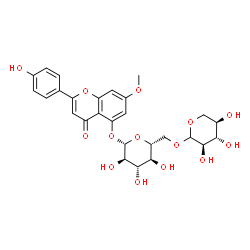 ChemSpider 2D Image | 2-(4-Hydroxyphenyl)-7-methoxy-4-oxo-4H-chromen-5-yl 6-O-D-xylopyranosyl-beta-D-glucopyranoside | C27H30O14