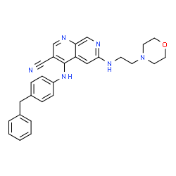 ChemSpider 2D Image | 4-[(4-Benzylphenyl)amino]-6-{[2-(4-morpholinyl)ethyl]amino}-1,7-naphthyridine-3-carbonitrile | C28H28N6O