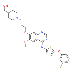 ChemSpider 2D Image | (1-{3-[(4-{[5-(3-Fluorophenoxy)-1,3-thiazol-2-yl]amino}-6-methoxy-7-quinazolinyl)oxy]propyl}-4-piperidinyl)methanol | C27H30FN5O4S