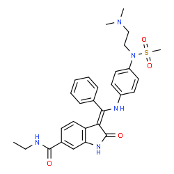 ChemSpider 2D Image | (3Z)-3-{[(4-{[2-(Dimethylamino)ethyl](methylsulfonyl)amino}phenyl)amino](phenyl)methylene}-N-ethyl-2-oxo-6-indolinecarboxamide | C29H33N5O4S