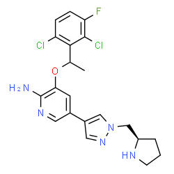 ChemSpider 2D Image | 3-[1-(2,6-Dichloro-3-fluorophenyl)ethoxy]-5-{1-[(2R)-2-pyrrolidinylmethyl]-1H-pyrazol-4-yl}-2-pyridinamine | C21H22Cl2FN5O