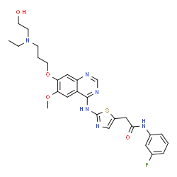 ChemSpider 2D Image | 2-[[7-[3-[Ethyl(2-hydroxyethyl)amino]propoxy]-6-methoxy-4-quinazolinyl]amino]-N-(3-fluorophenyl)-5-thiazoleacetamide | C27H31FN6O4S
