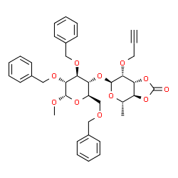 ChemSpider 2D Image | Methyl 2,3,6-tri-O-benzyl-4-O-[6-deoxy-3,4-O-(oxomethylene)-2-O-(2-propyn-1-yl)-alpha-L-mannopyranosyl]-alpha-D-glucopyranoside | C38H42O11
