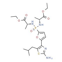 ChemSpider 2D Image | Ethyl (2R,6R)-4-[5-(2-amino-5-isobutyl-1,3-thiazol-4-yl)-2-furyl]-2,6-dimethyl-7-oxo-8-oxa-3,5-diaza-4-phosphadecan-1-oate 4-oxide | C21H33N4O6PS