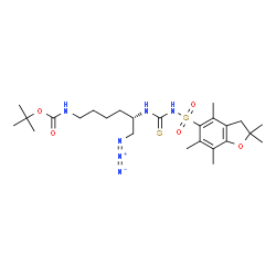ChemSpider 2D Image | 2-Methyl-2-propanyl [(5S)-6-azido-5-({[(2,2,4,6,7-pentamethyl-2,3-dihydro-1-benzofuran-5-yl)sulfonyl]carbamothioyl}amino)hexyl]carbamate | C25H40N6O5S2