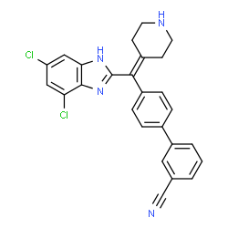 ChemSpider 2D Image | 4'-[(4,6-Dichloro-1H-benzimidazol-2-yl)(4-piperidinylidene)methyl]-3-biphenylcarbonitrile | C26H20Cl2N4