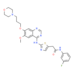 ChemSpider 2D Image | N-(3-Fluorophenyl)-2-[2-({6-methoxy-7-[3-(4-morpholinyl)propoxy]-4-quinazolinyl}amino)-1,3-thiazol-5-yl]acetamide | C27H29FN6O4S