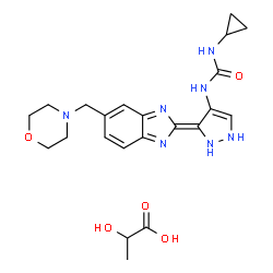 ChemSpider 2D Image | 2-Hydroxypropanoic acid - 1-cyclopropyl-3-{(3E)-3-[5-(4-morpholinylmethyl)-2H-benzimidazol-2-ylidene]-2,3-dihydro-1H-pyrazol-4-yl}urea (1:1) | C22H29N7O5