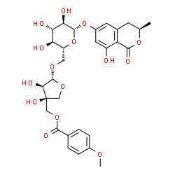 ChemSpider 2D Image | (3R)-8-Hydroxy-3-methyl-1-oxo-3,4-dihydro-1H-isochromen-6-yl 6-O-[(2R,3R,4S)-3,4-dihydroxy-4-{[(4-methoxybenzoyl)oxy]methyl}tetrahydro-2-furanyl]-beta-D-glucopyranoside | C29H34O15