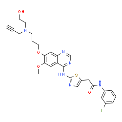 ChemSpider 2D Image | N-(3-Fluorophenyl)-2-{2-[(7-{3-[(2-hydroxyethyl)(2-propyn-1-yl)amino]propoxy}-6-methoxy-4-quinazolinyl)amino]-1,3-thiazol-5-yl}acetamide | C28H29FN6O4S